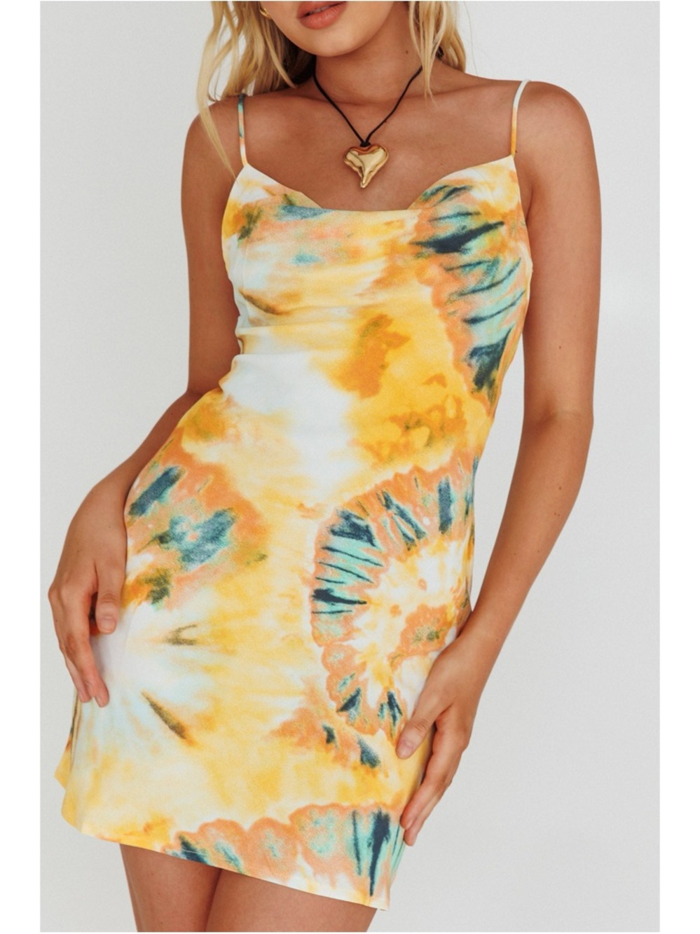 . Selfie Leslie Yellow/Orange Multicolor Tie Dye Thin Cowl Neck Mini Dress - Picture 4 of 15